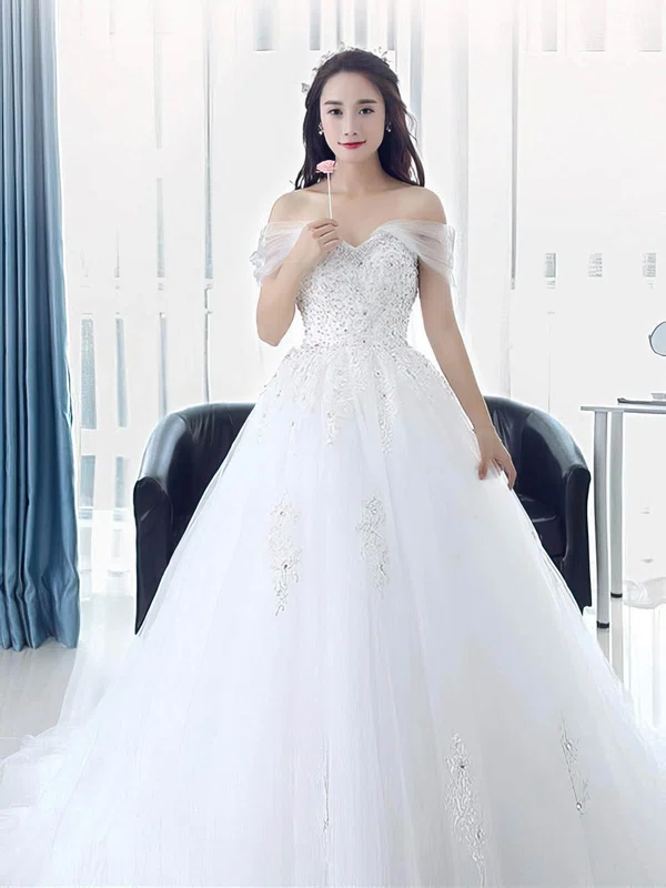 Ball Gown Off-the-shoulder Tulle Sweep Train Wedding Dresses With Beading #Milly00022673