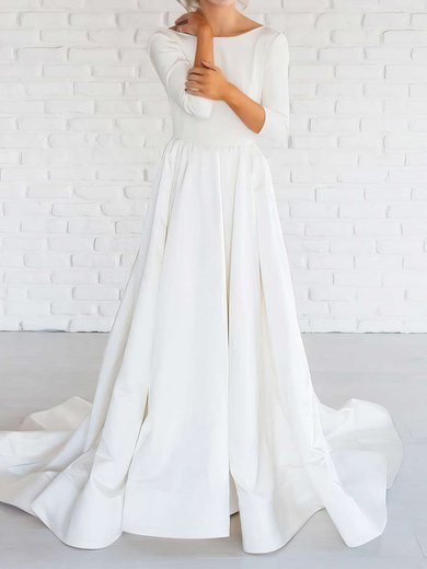 A-line Scoop Neck Satin Sweep Train Wedding Dresses #Milly00022674