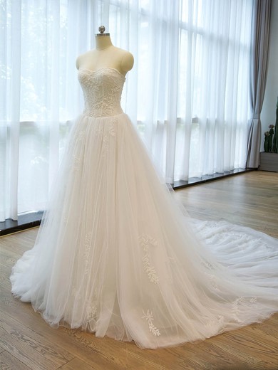 A-line Sweetheart Tulle Chapel Train Beading Affordable Wedding Dresses #Milly00022676