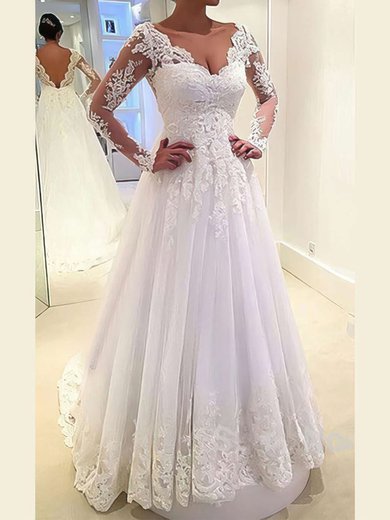 Ball Gown V-neck Tulle Sweep Train Wedding Dresses With Appliques Lace #Milly00022677