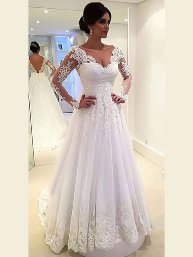Ball Gown V-neck Tulle Sweep Train Wedding Dresses With Appliques Lace #Milly00022677