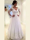 Classic A-line V-neck Tulle Sweep Train Appliques Lace Long Sleeve Backless Wedding Dresses #Milly00022677