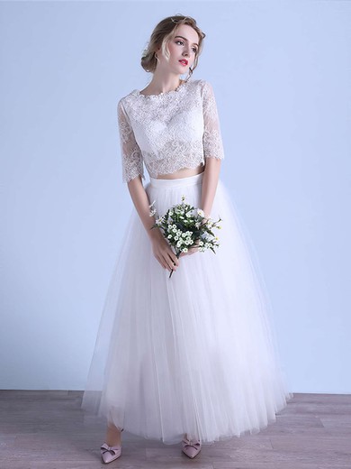 Ball Gown Illusion Tulle Ankle-length Wedding Dresses With Appliques Lace #Milly00022679