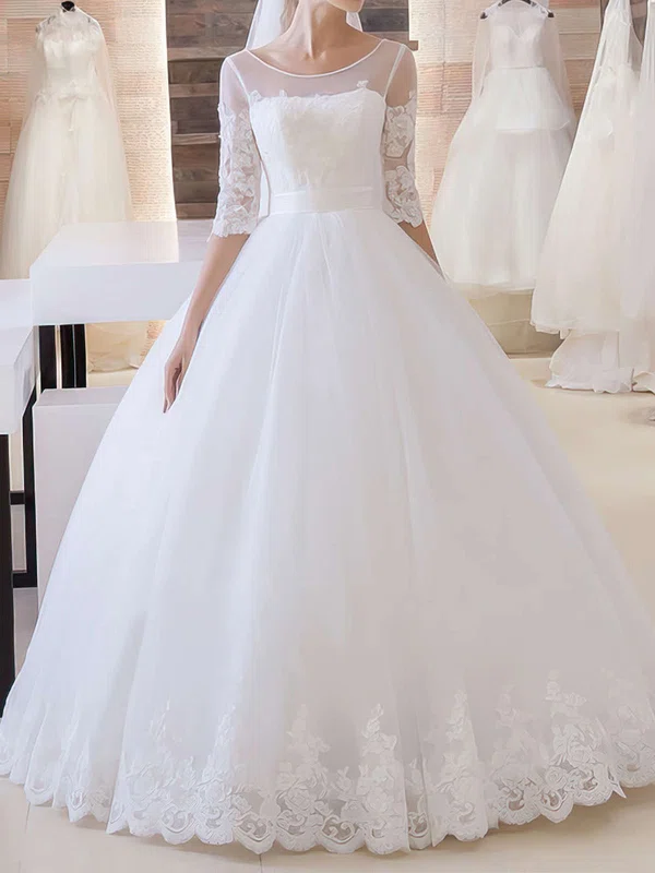 Ball Gown/Princess Illusion Tulle Floor-length Wedding Dresses With Appliques Lace #Milly00022680