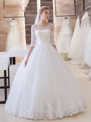 Ball Gown Scoop Neck Tulle Floor-length Appliques Lace 1/2 Sleeve Online Wedding Dresses #Milly00022680
