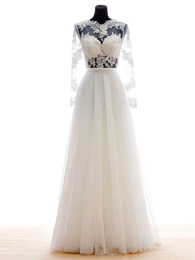 Cheap A-line Scalloped Neck Chiffon Tulle Floor-length Appliques Lace Long Sleeve Wedding Dresses #Milly00022682