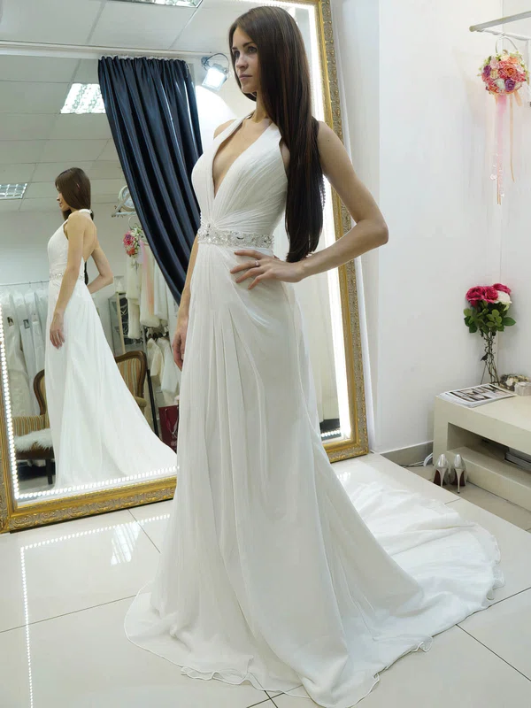 A-line Halter Chiffon Sweep Train Wedding Dresses With Beading #Milly00022684