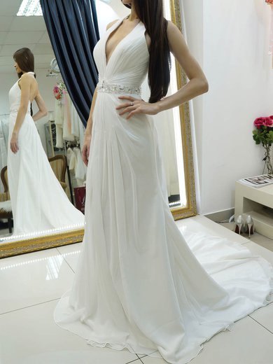 A-line Halter Chiffon Sweep Train Wedding Dresses With Beading #Milly00022684