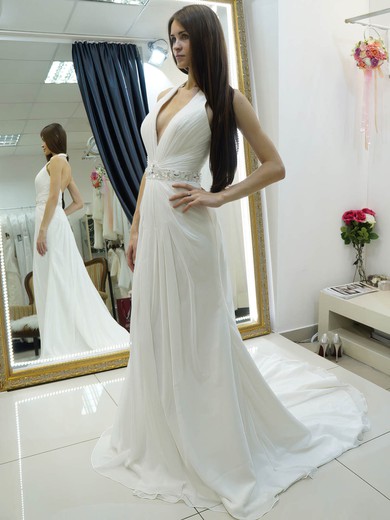 Wholesale A-line Halter Chiffon Court Train Beading Backless Wedding Dresses #Milly00022684