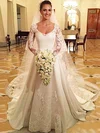 Ball Gown V-neck Satin Court Train Wedding Dresses With Appliques Lace #Milly00022686