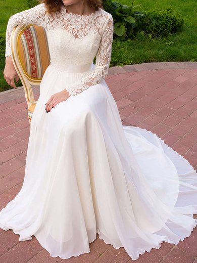 A-line Illusion Lace Chiffon Sweep Train Wedding Dresses With Sashes / Ribbons #Milly00022687