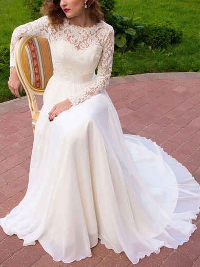 A-line Illusion Lace Chiffon Sweep Train Wedding Dresses With Sashes / Ribbons #Milly00022687