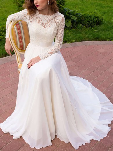 Latest A-line Scoop Neck Lace Chiffon Sweep Train Sashes / Ribbons Long Sleeve Wedding Dresses #Milly00022687