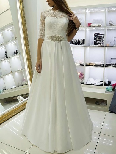 Ball Gown Illusion Satin Lace Floor-length Wedding Dresses With Sashes / Ribbons #Milly00022688