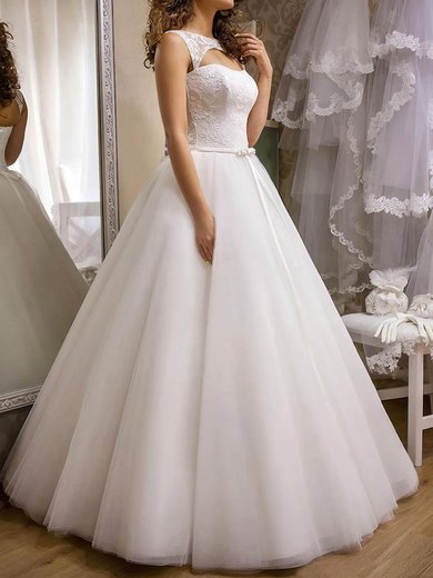 Ball Gown/Princess Illusion Tulle Floor-length Wedding Dresses With Appliques Lace #Milly00022690