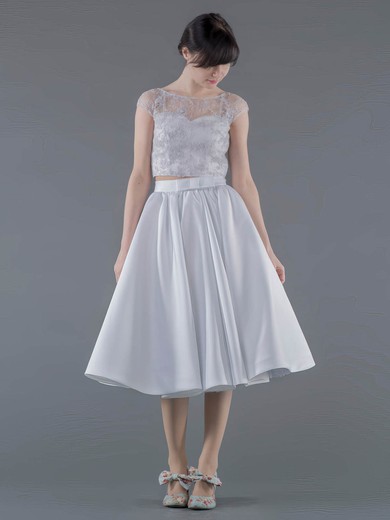 New Arrival A-line Scoop Neck Lace Satin Tea-length Appliques Lace Two Piece Wedding Dresses #Milly00022692
