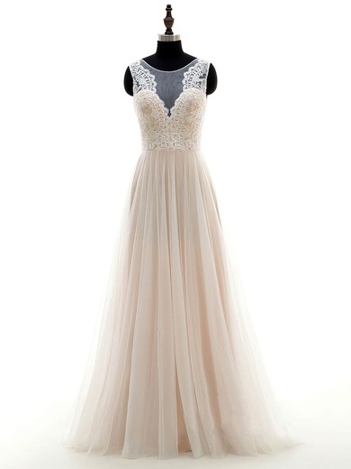 A-line Scoop Neck Tulle Floor-length Appliques Lace Inexpensive Wedding Dresses #Milly00022697