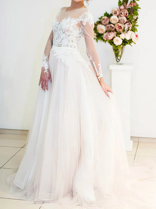 Ball Gown/Princess Illusion Tulle Sweep Train Wedding Dresses With Appliques Lace #Milly00022698