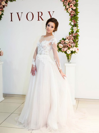 Unique A-line Scoop Neck Tulle Sweep Train Appliques Lace Long Sleeve Wedding Dresses #Milly00022698