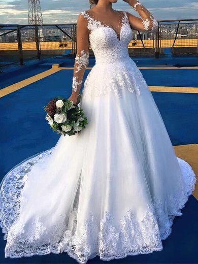 Ball Gown/Princess V-neck Tulle Court Train Wedding Dresses With Beading #Milly00022701