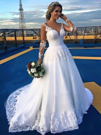 Beautiful A-line Scoop Neck Tulle Court Train Appliques Lace Long Sleeve Wedding Dresses #Milly00022701