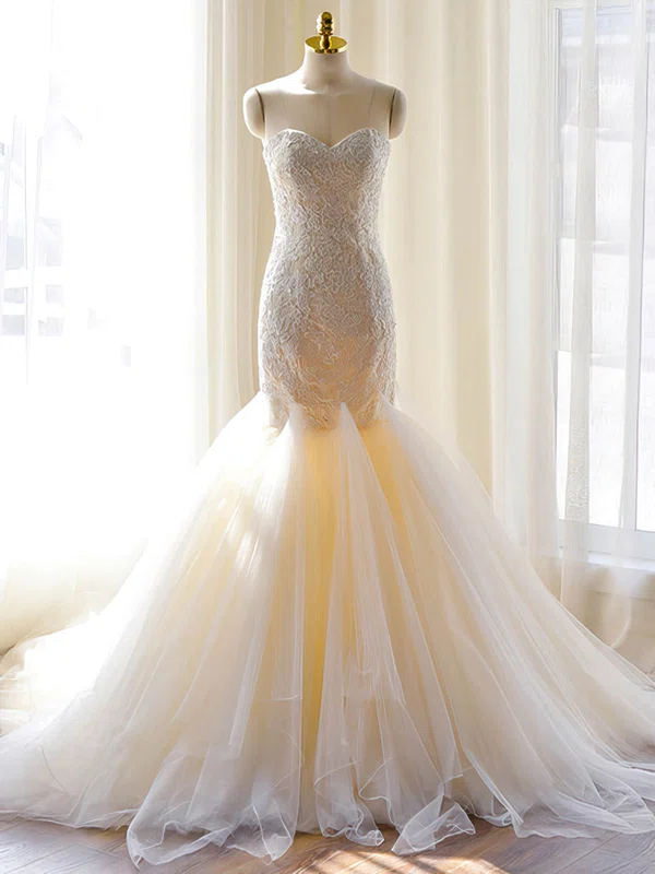 Trumpet/Mermaid Sweetheart Tulle Court Train Wedding Dresses With Appliques Lace #Milly00022703