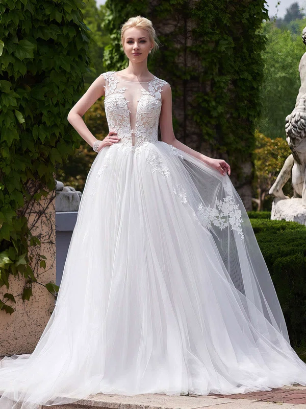 Ball Gown Illusion Tulle Court Train Wedding Dresses With Appliques Lace #Milly00022705