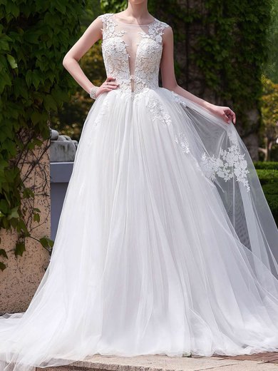 Ball Gown Illusion Tulle Court Train Wedding Dresses With Appliques Lace #Milly00022705