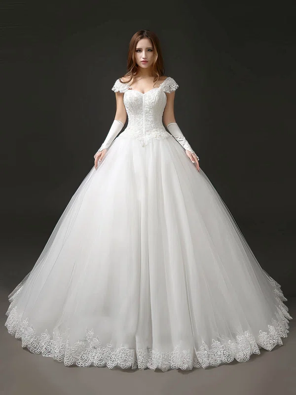 Ball Gown Off-the-shoulder Tulle Chapel Train Wedding Dresses With Beading #Milly00022706