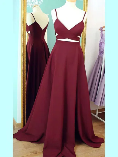 Burgundy Ball Gown V-neck Satin Cut Out Prom Dresses #Milly020102743