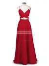 A-line V-neck Silk-like Satin Sweep Train Prom Dresses #Milly020102743