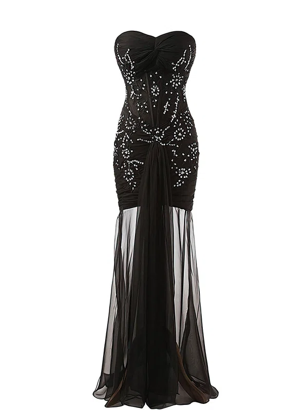 Modern Sheath/Column Sweetheart Chiffon Floor-length Appliques Lace Black Prom Dresses #Milly020102750