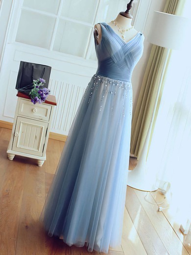 A-line V-neck Tulle Floor-length Beading Prom Dresses #Milly020102764