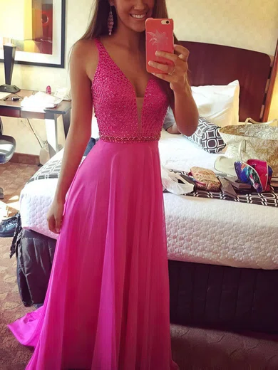 A-line V-neck Chiffon Sweep Train Beading Prom Dresses #Milly020102765