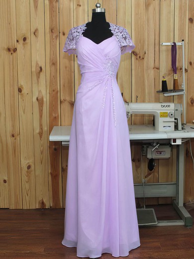 Cheap A-line V-neck Chiffon Tulle Floor-length Beading Short Sleeve Prom Dresses #Milly020102766