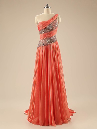A-line One Shoulder Chiffon Sweep Train Beading Promotion Prom Dresses #Milly020102767