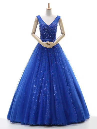 Ball Gown V-neck Sparkly Sequin Tulle Prom Dresses With Beading #Milly020102772