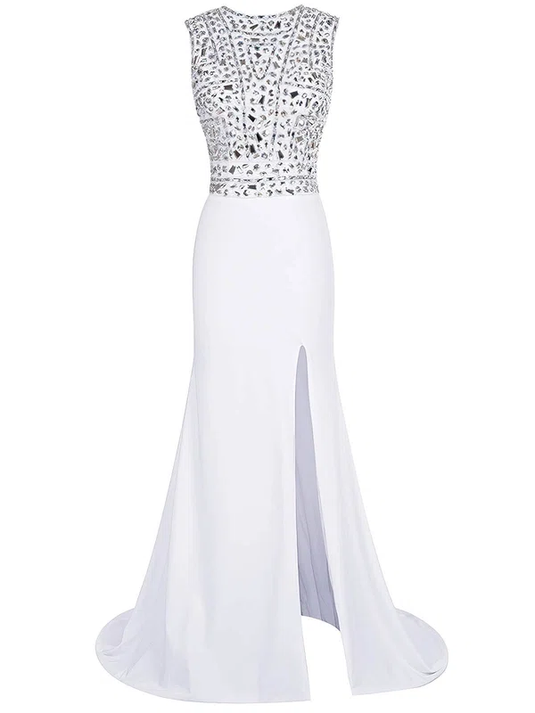 Perfect Sheath/Column Scoop Neck Chiffon Sweep Train Beading White Prom Dresses #Milly020102796