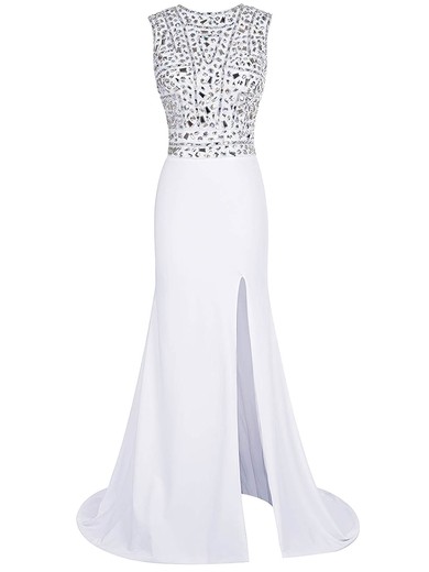 Perfect Sheath/Column Scoop Neck Chiffon Sweep Train Beading White Prom Dresses #Milly020102796