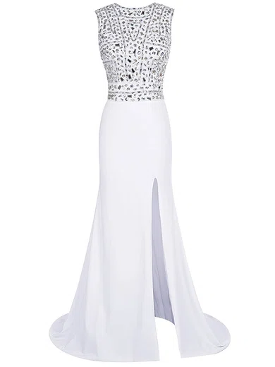 Sheath/Column Illusion Chiffon Modest Prom Dresses With Beading #Milly020102796