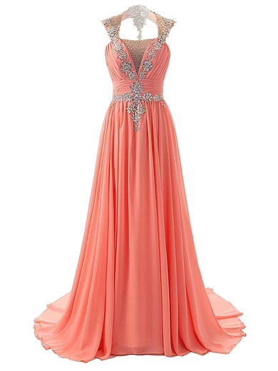 Fabulous A-line Scoop Neck Chiffon Sweep Train Beading Open Back Prom Dresses #Milly020102799