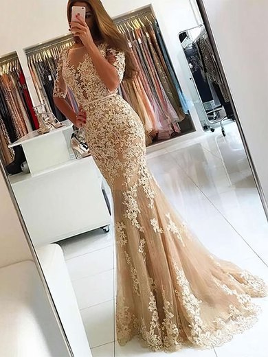Trumpet/Mermaid Scoop Neck Tulle Sweep Train Appliques Lace Prom Dresses #Milly020102800
