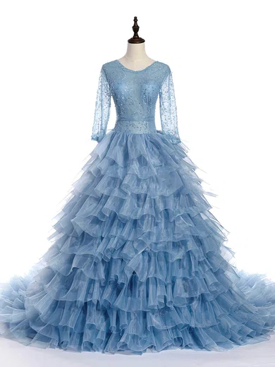 Ball Gown Illusion Lace Tulle Long Sleeves Ruffle Tiered Prom Dresses #Milly020102803