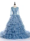 Princess Scoop Neck Organza Lace Chapel Train Sequins Long Sleeve Modest Prom Dresses #Milly020102803