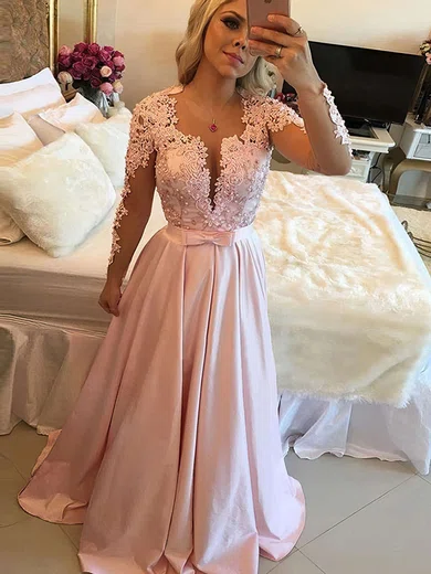A-line Scoop Neck Satin Sweep Train Appliques Lace Prom Dresses #Milly020102805