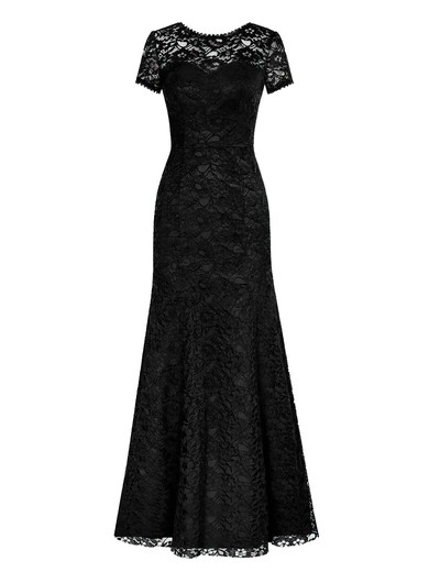Sheath/Column Scoop Neck Lace Floor-length Ruffles Black Short Sleeve Classic Prom Dresses #Milly020102807