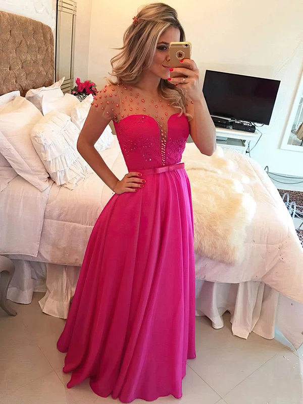 A-line Scoop Neck Chiffon Floor-length Lace Prom Dresses #Milly020102817