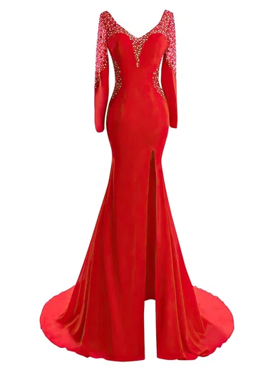 Satin & Tulle V-neck Red Beading Mermaid Evening Dress