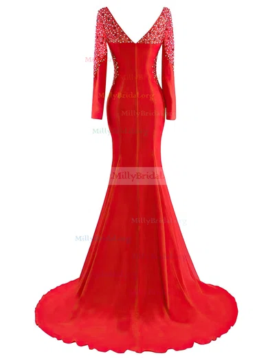 Satin & Tulle V-neck Red Beading Mermaid Evening Dress