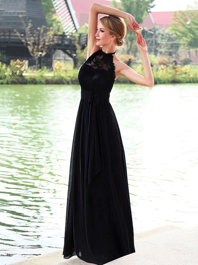 A-line Halter Chiffon Floor-length Lace Prom Dresses #Milly020102836